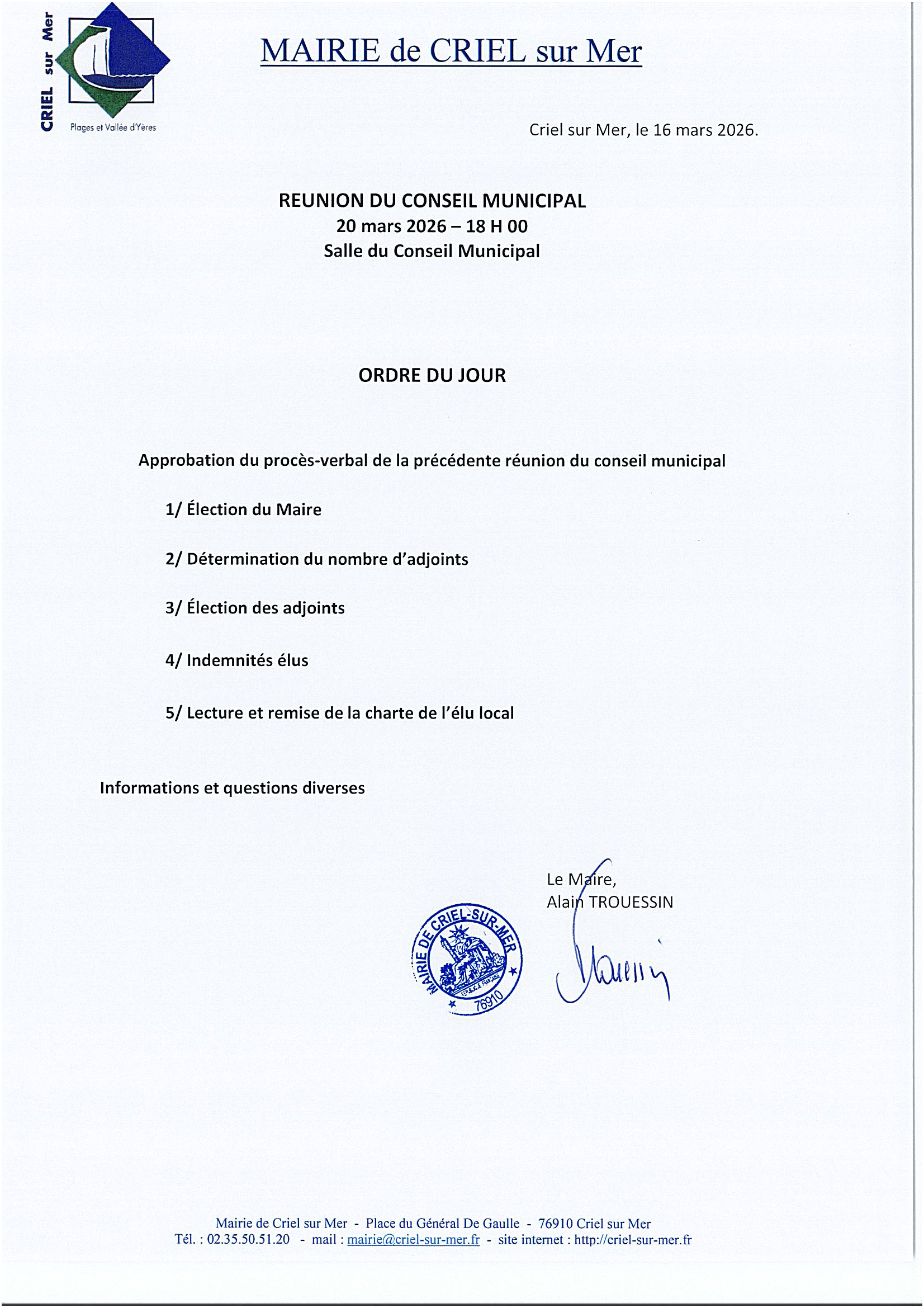 Lire la suite à propos de l’article Conseil municipal 20/03