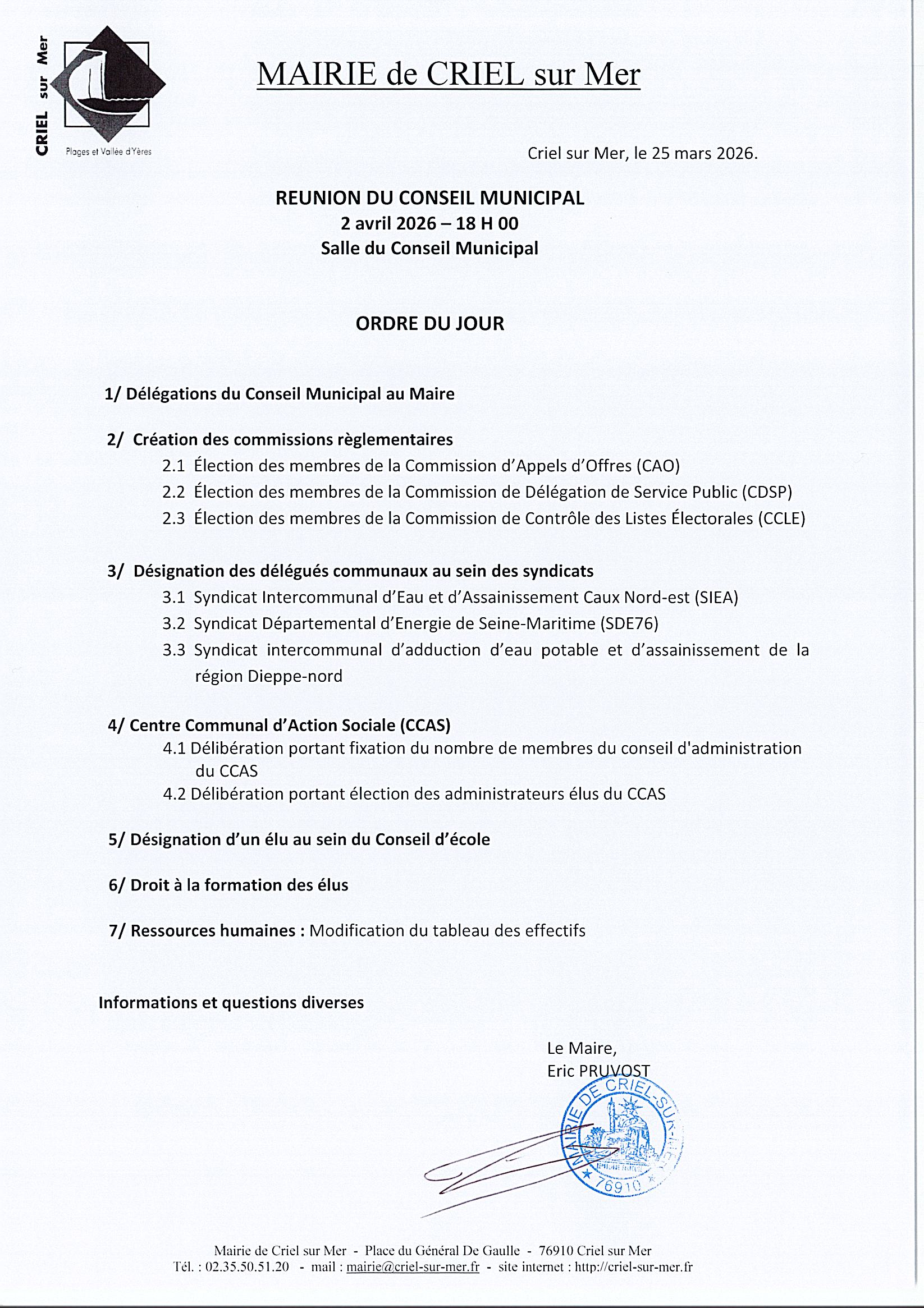 Lire la suite à propos de l’article Conseil Municipal 02/04